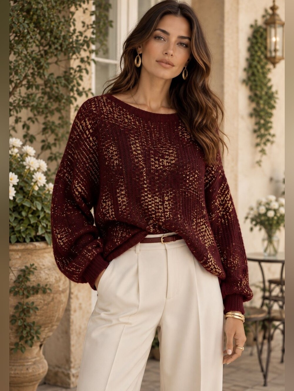 OZ 75 Made In Italy Burgundy Metallic Knit Sweater - Women